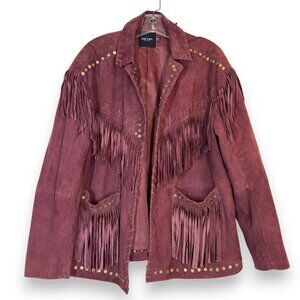 Nasty Gal Suede Leather Fringe Jacket Western Beaded Burgundy Festival Boho 6